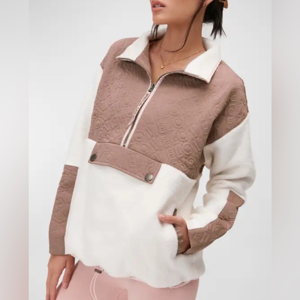 Spiritual Gangster Womens Medium Taupe Light Pink Cream Sherpa Half Zip Pullover